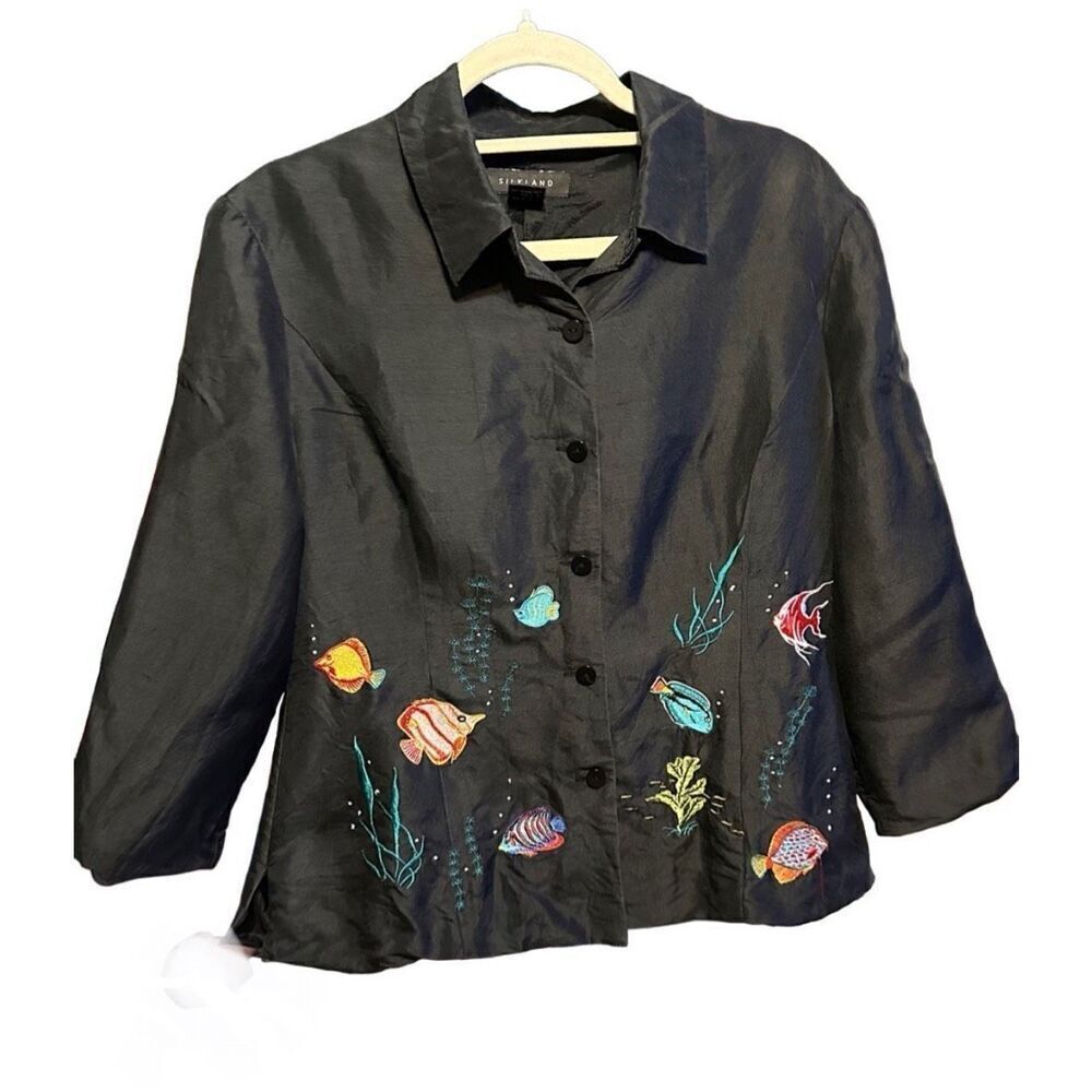 Vintage Silkland Women’s Black Embroidered Fish 100% Silk Jacket Blazer …